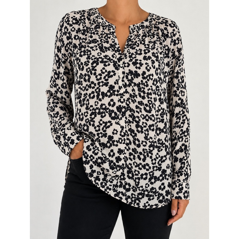 LOFT Womens Black White Floral Leopard Print Rayon Button Up Blouse Size M - Picture 1 of 14